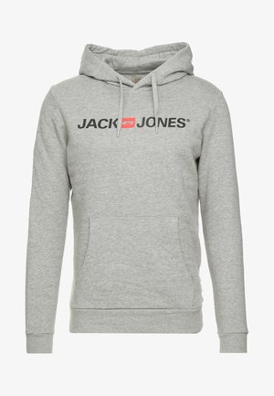 Graue Kapuzenjacke mit einer Kängurutasche auf der Vorderseite, einer verstellbaren Kapuze und dem "JACK & JONES"-Logo in Schwarz und Rot über der Brust.