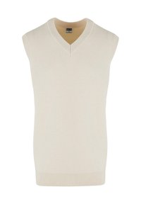 Pull sans manches couleur crème avec un col en V, un col côtelé et un ourlet inférieur ; fabriqué en maille douce et texturée.