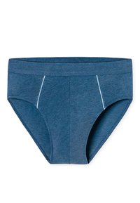 Slip uomo in un tessuto blu scuro melange. Presenta dettagli di cucitura bianca e un taglio classico con una cintura liscia.