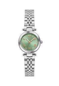 Orologio in metallo argento con una lunetta rigata, quadrante verde menta, numeri romani in oro rosa e bracciale in acciaio inossidabile. Dotato di movimento svizzero.