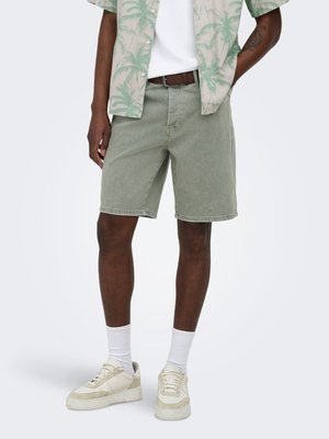 Homme portant un short décontracté vert clair avec une ceinture marron, des chaussettes blanches, des baskets beiges et une chemise à manches courtes verte avec un motif de palmiers.