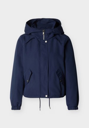 Tumesinine kapuutsiga jope esikinnise, pressnuppude, kahe kaldu tasku, elastsete varrukaäärte ja reguleeritava nööriga vöökohaga.