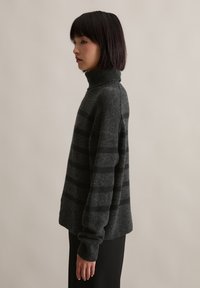 Grauer Rollkragenpullover mit schwarzen horizontalen Streifen, weicher Textur, entspannter Passform, überschnittenen Schultern und gerippten Bündchen, getragen über einem schwarzen Rock.