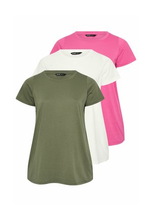 Tre magliette a maniche corte con scollo rotondo, semplici, impilate una davanti all'altra nei colori verde oliva, bianco e rosa acceso.