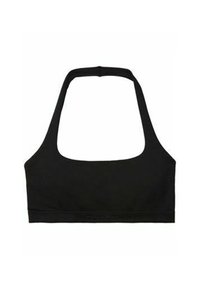 Brassière de sport noire avec design à col halter et large bande élastique en dessous.