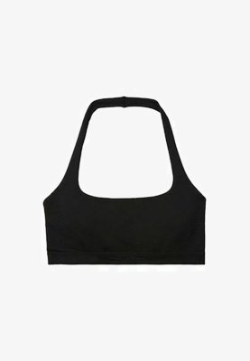 Schwarzer Sport-BH mit Neckholder-Design und breitem elastischem Unterband.