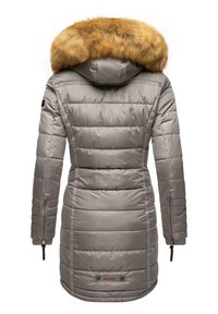 Padded grey winter coat with a detachable fur-lined hood, zippered pockets, and ribbed cuffs; features horizontal quilting and logo.