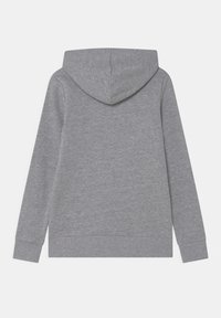 Hoodie à manches longues gris clair avec poignets et ourlet côtelés, vue de dos sur un fond blanc uni.