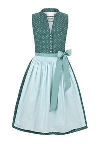 Dress featuring a dark teal top with small white dots, a mandarin collar, and buttons, paired with a light blue skirt with a polka dot texture and a bow at the waist.