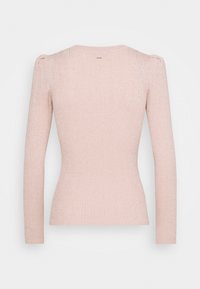 Long-sleeve, fitted top in soft pink ribbed fabric with a subtle shimmer. Features gathered shoulder accents and a round neckline.