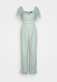 Detta spets jumpsuit i mjuk mintgrön färg har korta, svävande ärmar, en figursydd midja och scalloped nederkant. Invecklat blommönster genom hela plagget.
