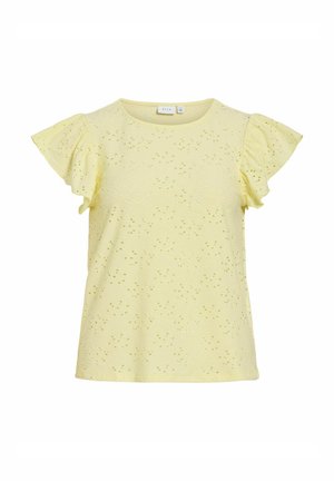 Blusa a maniche corte di colore giallo chiaro con motivo ad occhielli e maniche arricciate, scollo rotondo e vestibilità regolare.