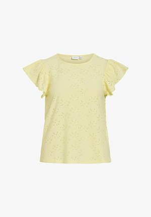 Hellgelbe Bluse mit kurzen Ärmeln, durchbrochenem Muster, Rüschensäumen, rundem Ausschnitt und normaler Passform.