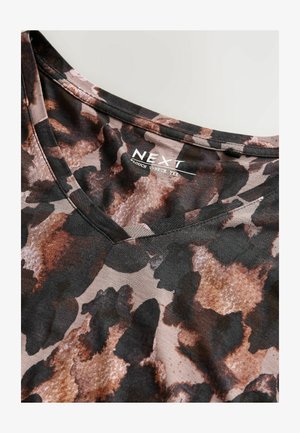 V-neck T-shirt in a blend of earthy browns and blacks, featuring a modern animal print design and a smooth fabric texture.
