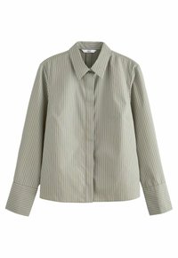 Light green striped shirt with a collared neck, long sleeves, and button-down front. Features white vertical stripes and a straight hem.