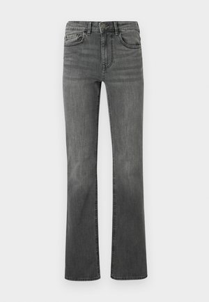 Flared jeans in dark gray denim with a high waistband, five pockets, and a single button closure. Smooth texture with slight fading.