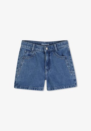 Blauwe denim shorts met voorzakken versierd met kleine zilveren studs en een metalen knoopsluiting, gelabeld Zadig & Voltaire.