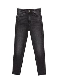 Zwarte denim jeans hebben een aansluitend ontwerp met een hoge taille, vijf zakken en subtiele vervaging voor textuur. Afgewerkt met een sluiting met een voorknop.