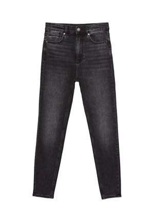 Schwarze Denim-Jeans haben ein körpernahes Design mit hoher Taille, fünf Taschen und subtilen Verwaschungen für Textur. Abgerundet mit einem vorderen Knopfverschluss.
