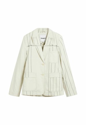 Blazer beige claro de algodón, con rayas verticales grises, solapa con muesca, dos bolsillos parche y cierre frontal con botones.