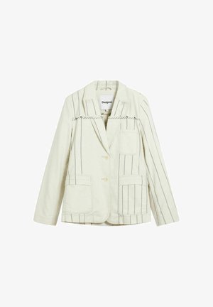 Jasnobeżowa bawełniana marynarka z pionowymi szarymi paskami, z klapą z wycięciem, dwoma naszywanymi kieszeniami oraz zapięciem na guziki z przodu.