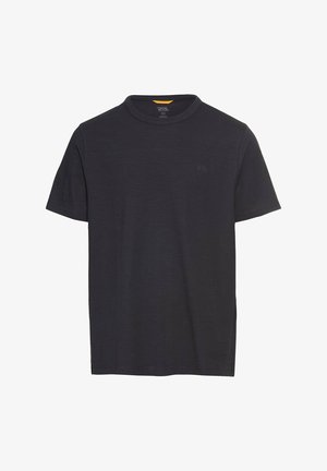 Czarna szara koszulka z krótkim rękawem w klasycznym fasonie z okrągłym dekoltem, wykonana z miękkiego materiału, z dyskretnym logo na piersi.