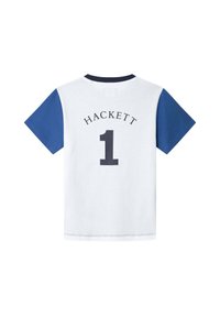 Hvid bomulds T-shirt med blå korte ærmer. Har teksten "HACKETT" og nummeret "1" på ryggen i mørk tryk. Klassisk crew neck design.