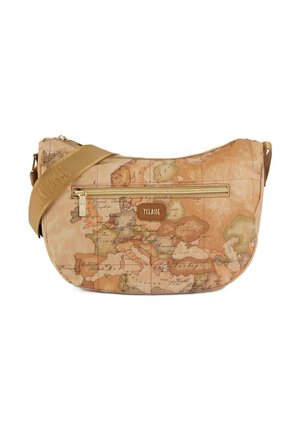 Borsa a tracolla con stampa di mappa europea in stile vintage, tasca con cerniera dorata e tracolla beige regolabile con dettagli in rilievo.