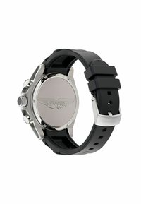 Orologio in acciaio inossidabile argento con cinturino in gomma nera, dotato di una chiusura a pulsante testurizzata e logo inciso sul retro.