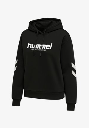 Sort hættebluse med "hummel" logo og teksten "Sportswear since 1923" på brystet, med hvide chevron-striber på begge ærmer.