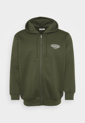 Dark green zip-up hoodie made of soft fabric, featuring a front logo, adjustable drawstrings, and ribbed cuffs and hem.