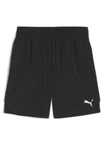 Juodos sportinės šortai su elastinga juosme, dviem šoniniais kišenėmis ir baltu logotipo akcentu. Medžiaga atrodo lengva ir lygi.