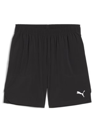 Juodos sportinės šortai su elastinga juosme, dviem šoniniais kišenėmis ir baltu logotipo akcentu. Medžiaga atrodo lengva ir lygi.