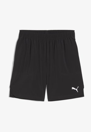 Juodos sportinės šortai su elastinga juosme, dviem šoniniais kišenėmis ir baltu logotipo akcentu. Medžiaga atrodo lengva ir lygi.