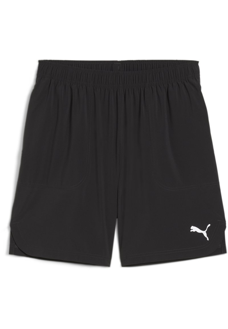 Juodos sportinės šortai su elastinga juosme, dviem šoniniais kišenėmis ir baltu logotipo akcentu. Medžiaga atrodo lengva ir lygi.