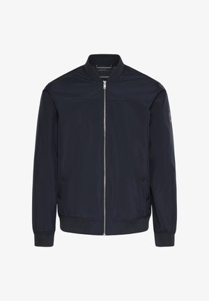 Marineblauw bomberjack van gladde stof, met een ritssluiting aan de voorkant, geribbelde manchetten en twee zijzakken met subtiel merkdetail.