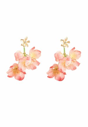Gold flower stud earrings with hanging pink and peach fabric petals and small green bead accents.