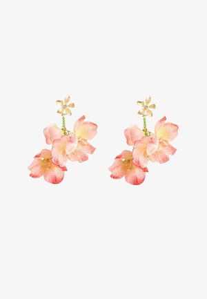 Gold flower stud earrings with hanging pink and peach fabric petals and small green bead accents.