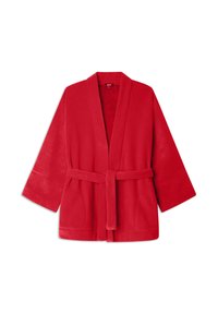Camisón rojo hecho de material suave, con cinturilla, mangas anchas y diseño de frente abierto, además de dos bolsillos laterales.