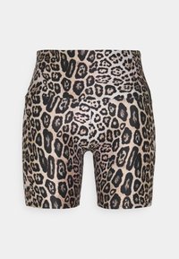 Cykelshorts med leopardmönster som har hög midja, slät textur och olika svarta och bruna fläckar mot en ljus bakgrund.