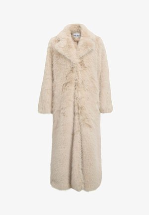 Lange beige neppelschoenen jas met brede kraag en lange mouwen, gelabeled "OBJECT" aan de binnenkant van de halslijn.