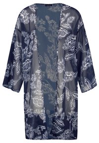 Przezroczysty kardigan w stylu kimono w kolorze granatowym z białymi kwiatowymi wzorami oraz szerokimi rękawami, otwarty przód, lekka tkanina.
