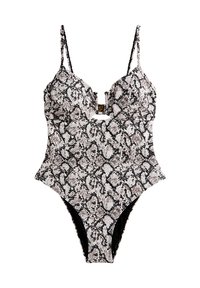 Black and white snake-print swimsuit with a deep neckline, adjustable straps, and a cut-out detail at the center. Smooth texture.