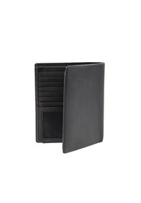 Billetera de cuero negro con múltiples ranuras para tarjetas, una ranura texturizada para identificación y un exterior suave, que presenta un diseño minimalista y un acabado suave.