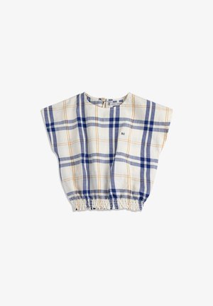 Bijela bluza kratkih rukava s plavo-narančastim karo uzorkom, okruglim izrezom, elastičnim naboranim rubom i malom izvezenom oznakom "BC" na prednjem dijelu.