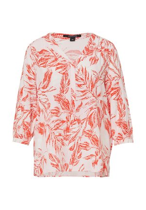 Weißes Oberteil mit rotem Blattmuster, V-Ausschnitt, dreiviertel Ärmeln und lockerem Schnitt. Leichter Stoff mit glatter Textur.