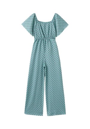 Tuta turchese con gambe larghe, vita elastica, maniche corte e ampie, scollatura quadrata e piccolo motivo floreale scuro.