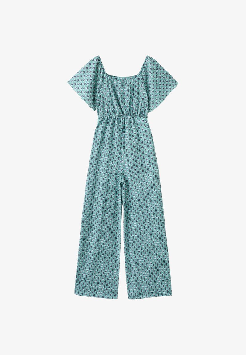 Tuta turchese con gambe larghe, vita elastica, maniche corte e ampie, scollatura quadrata e piccolo motivo floreale scuro.