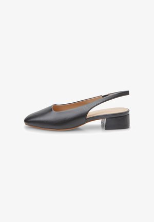 Black leather slingback shoe with a pointed toe, low block heel, and cut-out design on the sides. Smooth texture and minimal accents.