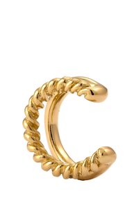Bague en ton or avec un design en corde torsadée, ouverte sur le dessus avec des extrémités arrondies. Surface lisse avec une finition métallique brillante.